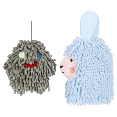 REGALWOVEN 2 Packs Cute Cartoon Alpaca Fuzzy Ball Hand Drying Hanging Ball Towels for Bathroom 7" x 7"/7" x 11"
