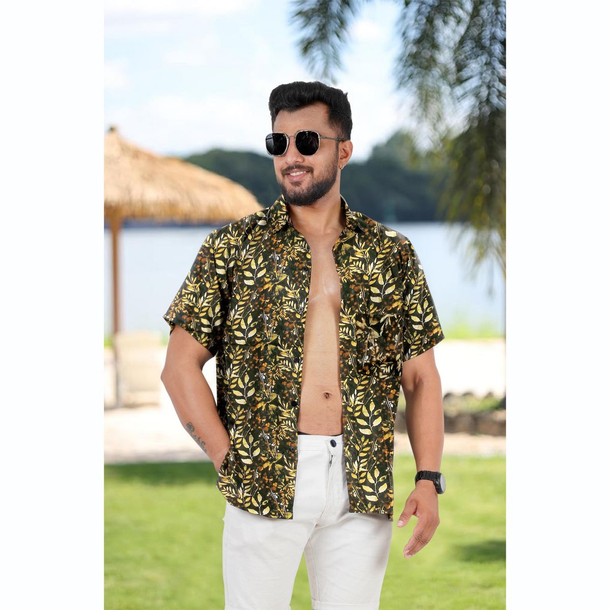 HAPPY BAY Mens Short Sleeve Button Down Hawaiian Collar Shirts Aloha Camp Beach Vacation Shirts Casual Camp Summer Untuckit Shirt XXL Blue,Tree - thumbnail 4