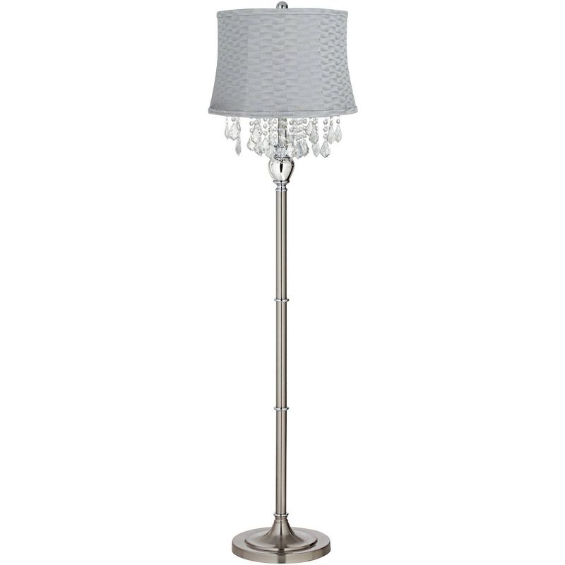 360 Lighting Modern Floor Lamp Standing 60 1/2" Tall Satin Steel Silver Crystal Basra Gray Softback Drum Shade for Living Room Bedroom Office House, 1 of 6