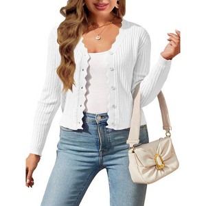 Coolmee Women's Plus Size Long Sleeve V-Neck Button Down Cardigan Cropped Knit Shrugs Sweater - 1 of 4