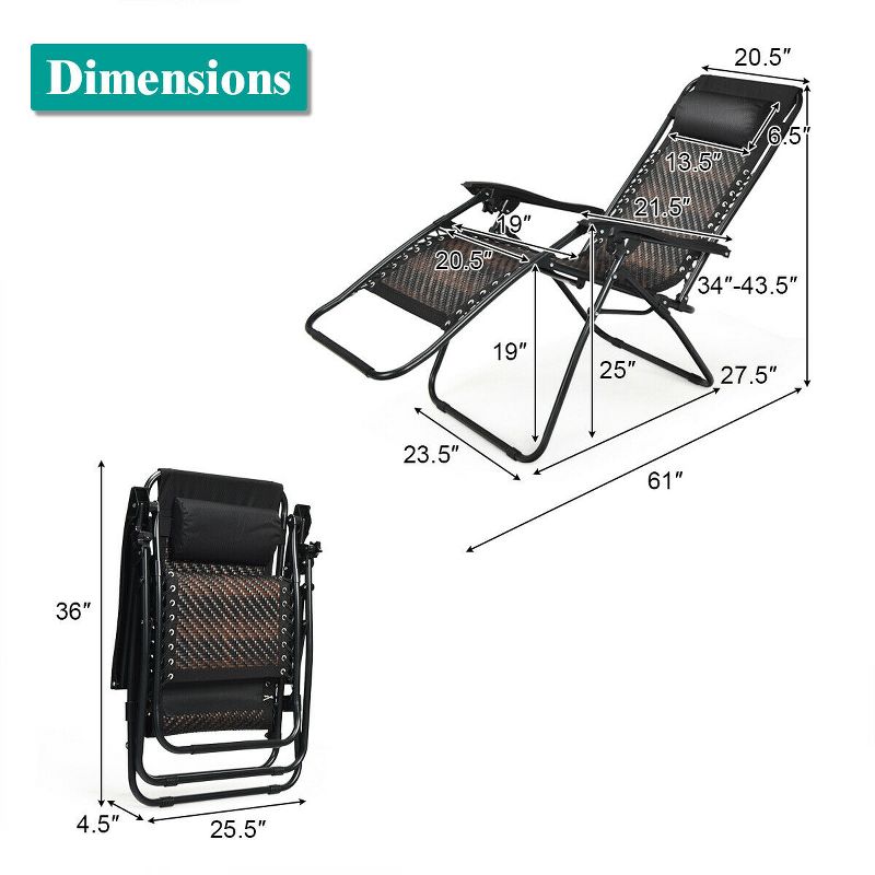 Tangkula 2PCS Mix Brown Folding Recliner Patio Rattan Zero Gravity Lounge Chair W/ Headrest, 3 of 6