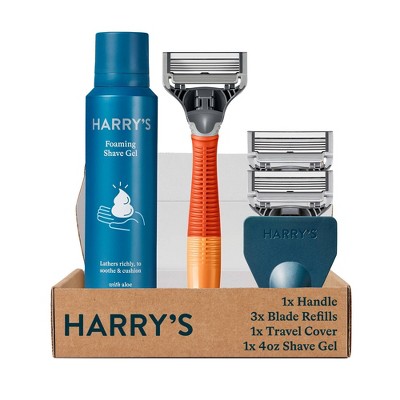 Harry's Truman Shaving Kit for Men with Razor Handle, 3 Cartridges, and Shave Gel - Orange