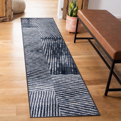 Gray Geometric Stripe Distressed Non-Slip Runner Rug 2' x 7'