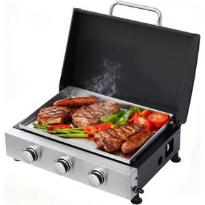 Zevemomo 3 Burner Portable Propane Grill, Tabletop Gas Grill with Stainless Steel Tray & Regulator, 28,680 BTU Flat Top for Patio Garden Camping - 1 of 4