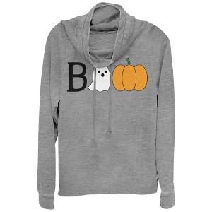 Juniors Womens CHIN UP Halloween Ghost and Pumpkin Boo Cowl Neck Sweatshirt - 1 of 3