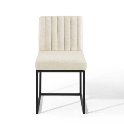 Beige Channel Tufted Upholstered Dining Chair with Black Metal Base