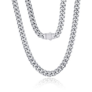 Metallo Stainless Steel, 12mm Miami Cuban, CZ Lock Necklace - Silver - 1 of 3