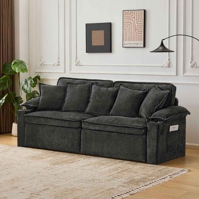 3-in-1 Convertible Sofa Bed with Hidden Storage, Tri-Mode Sofa with USB Charging and Cup Holders, Chenille Sofa with Metal Frame-Coolbibila