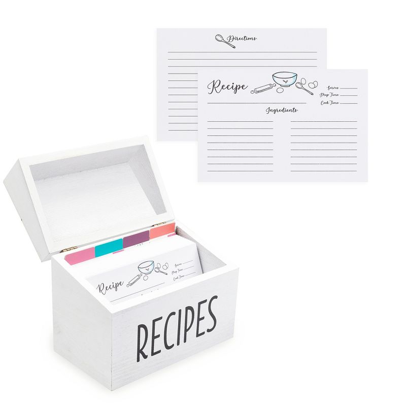 Outshine Co White Wooden Recipe Box with Cards and Dividers, 1 of 13
