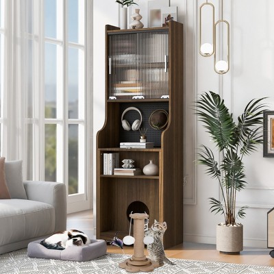 Modern Cat House Furniture with Extendable Desk, Pet Friendly Gaming Desk with Storage, Space-Saving Workstation with Cat Bed & Scratching Post