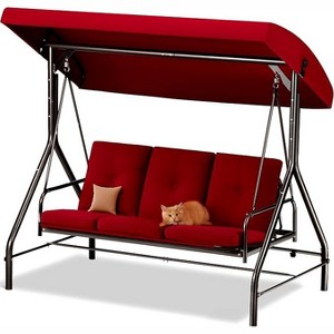 3-Seat Outdoor Porch Swing with Canopy – Convertible Glider Bed with Thick Cushions & Pillows for Adults – Backyard, Garden, Patio – Burgundy Maple99 - 1 of 4