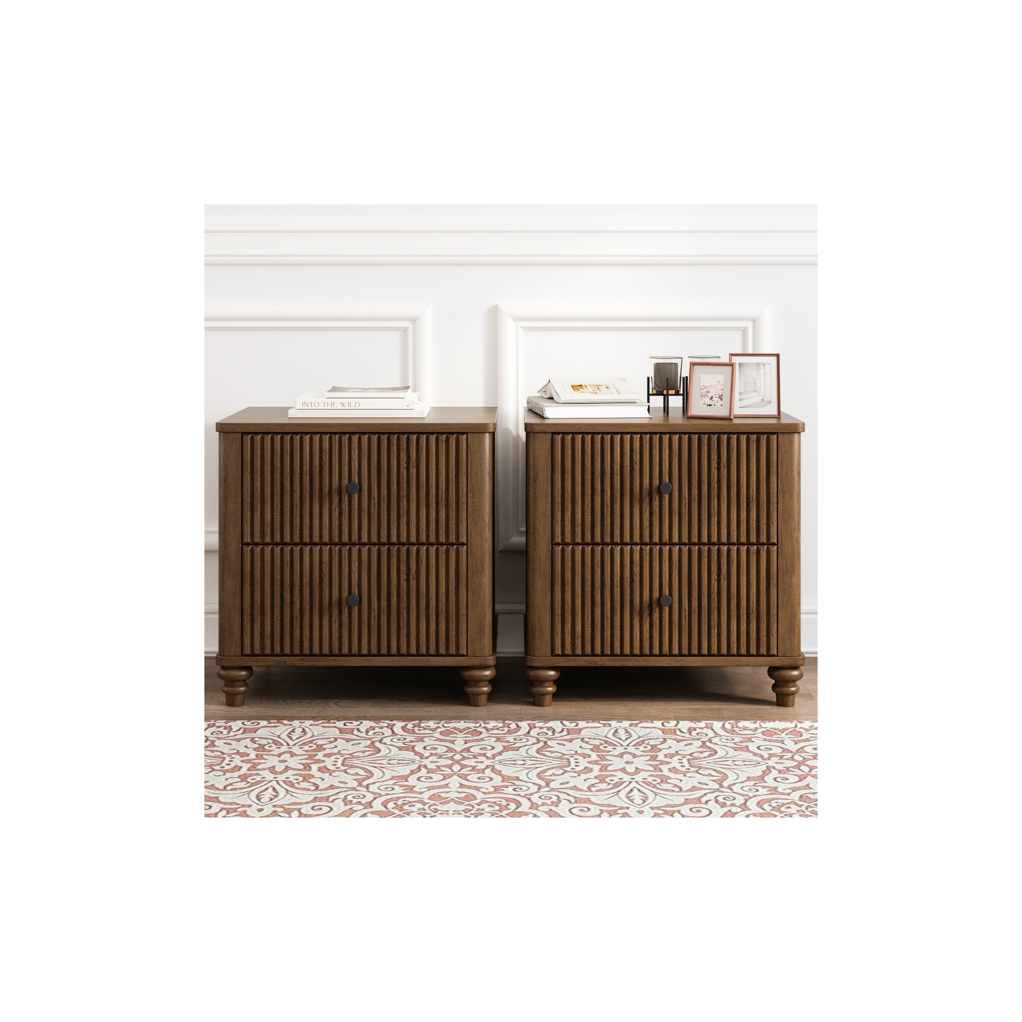 Nightstands Set of 2, Modern Farmhouse Walnut 3-Drawer Bedside Table with Fluted Front and Turned Legs - Koiai