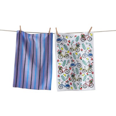 tagltd Flower Bike Print Blue Stripe Cotton Kitchen Dishtowel Set of 2 26L x 18W inches