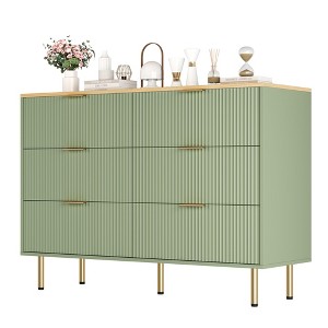 Fluted Wood Dresser 6 Drawers Dresser for Bedroom, Large Modern Chest of Drawers, Dresser with Faux Marble Top and Gold Handle - 1 of 4