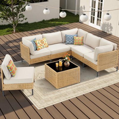 Buenhomino Patio Furniture Set – Outdoor Sectional Wicker Sofa with Cushions, All-Weather PE Rattan Conversation Set for Garden, Balcony & Poolside