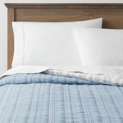 Full/Queen Reversible Matelassé Stitched Stripe Quilt Blue/Off-White - Threshold™
