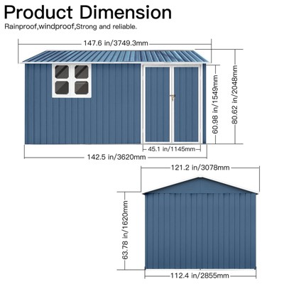 Blue 10x12 Ft Metal Outdoor Storage Shed with Lockable Doors and Windows