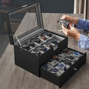 Sleek 6-Slot Watch Box, Large Glass Lid, Removable Pillows, Watch Organizer - Gift for Loved Ones, Black Synthetic Leather - 1 of 3