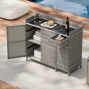 Whisen 47.5" Wicker Outdoor Storage Cabinet with Tempered Glass Desktop, Rattan Bar Table with Adjustable Shelf - 1 of 4