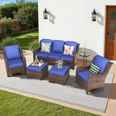 5-Piece Outdoor Rattan Conversation Set, Sofa, Chairs, Ottoman, Navy Blue Cushions