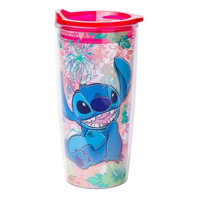 Silver Buffalo Disney Lilo & Stitch Floral Pattern 20 Ounce Travel Tumbler with Slide Close Lid