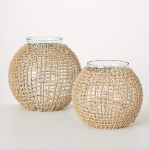 9.25"H Sullivans Woven Rattan And Glass Vases Set of 2, Natural - 1 of 4