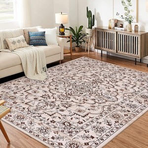 Boho Area Rug,Machine Washable Ultra-Thin Low-Pile Floral Carpet Non-Slip Soft Indoor Rug for Living Room & Bedroom - 1 of 4