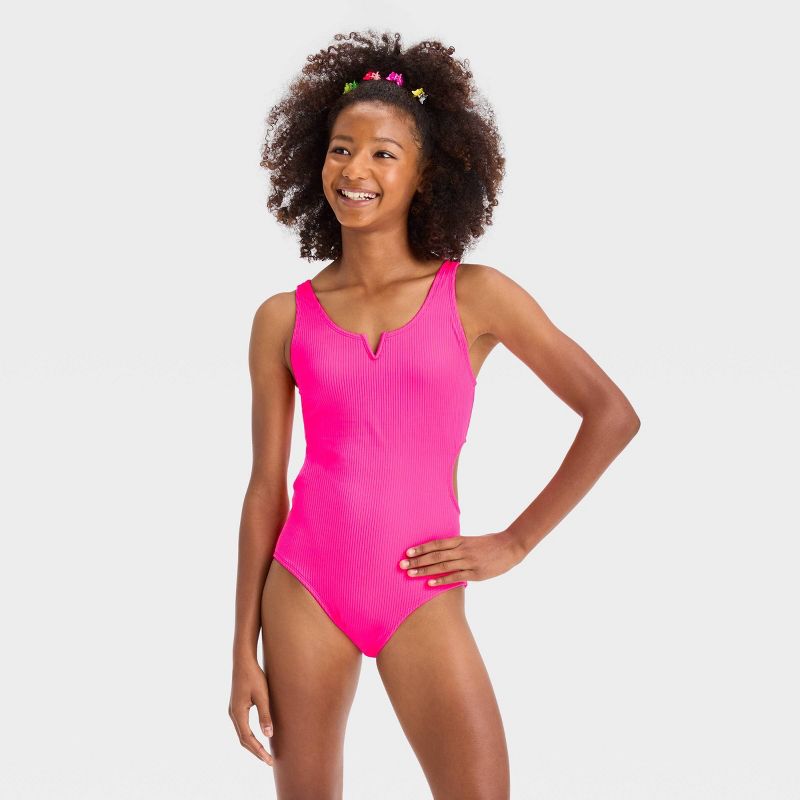 Girls' Solid One Piece Swimsuit Set - art class™ Pink, 3 of 6