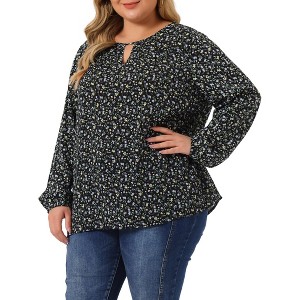 Agnes Orinda Women's Plus Size Chiffon Keyhole Long Sleeve Floral Blouses - 1 of 4