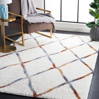 Ivory and Multi Synthetic Square Shag Area Rug, 7'x7'