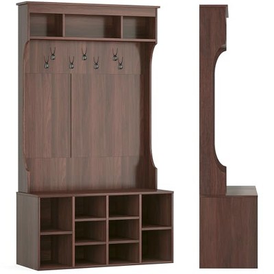 Lirago 70.9-Inch Black Walnut Hall Tree with Bench Shoe Storage & Hooks-Durable Mudroom Entryway Organizer