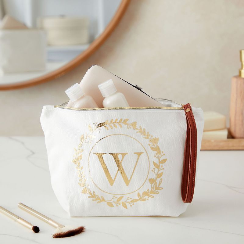 Gold Initial W Personalized Makeup Bag for Women, Monogrammed Canvas Cosmetic Pouch (White, 10 x 3 x 6 In), 2 of 9