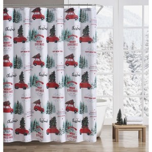 Kate Aurora Tis The Season Holiday Pick Up Truck & Christmas Trees Fabric Shower Curtain - Standard Size - 1 of 3