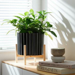 Ceramic Planter with Stand - Fluted Stoneware Pot and Pine Wood Base, Modern Decorative Plant Holder - 1 of 4