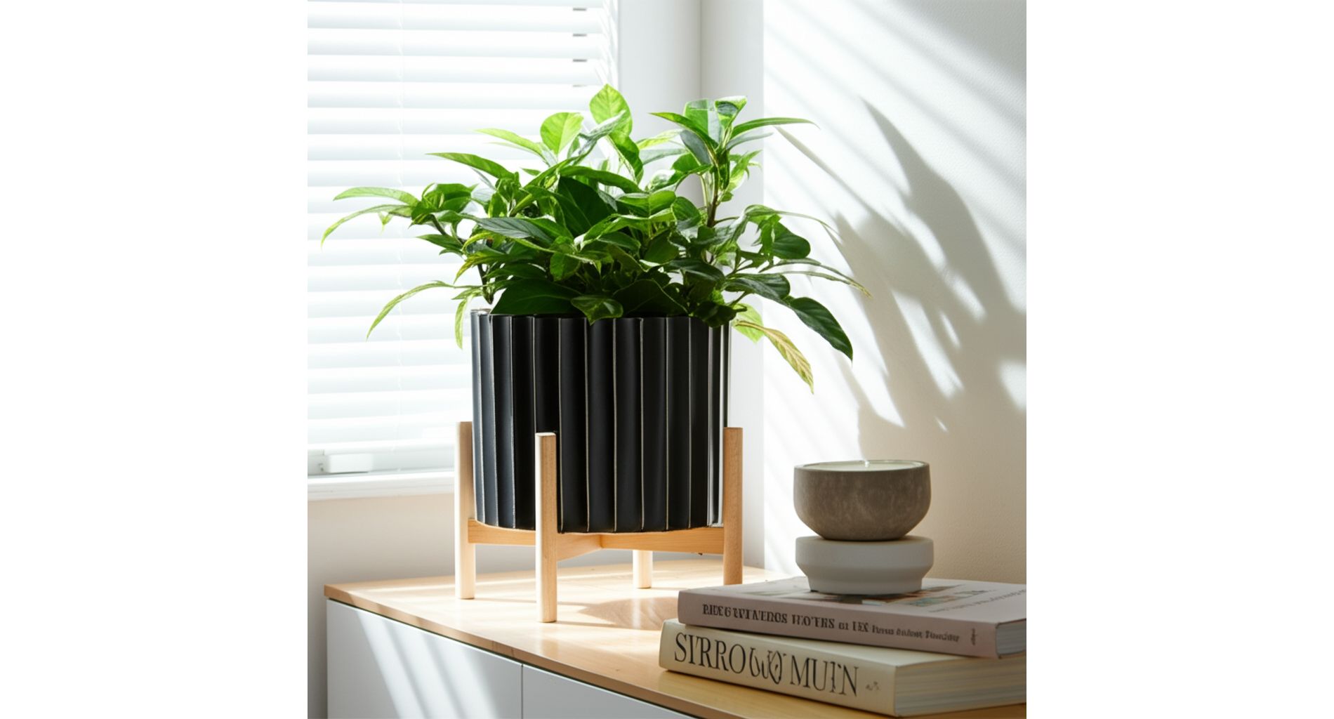 Ceramic Planter with Stand - Fluted Stoneware Pot and Pine Wood Base, Modern Decorative Plant Holder