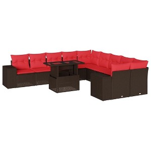 vidaXL 11 Piece Garden Sofa Set with Cushions Poly Rattan - Brown - 1 of 4