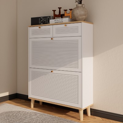 VYNXARIA Shoe cabinet with 2 flip-up doors and 2 drawers,narrow shoe rack cabinet,freestanding shoe organizer