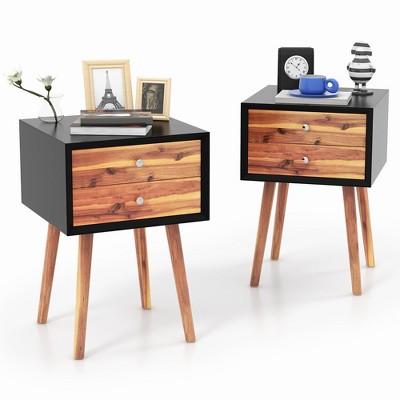 Tangkula 2PCS Wooden Nightstand Mid-Century End Side Table Living Room W/2 Storage Drawer