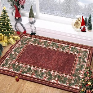 Christmas Washable Area Rug Xmas Pine Cones Rug Plaid Rugs for Living Room Bedroom - 1 of 4