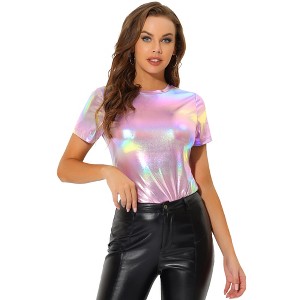 INSPIRE CHIC Women's Clubwear Short Sleeve Shiny Metallic Blouse - 1 of 4