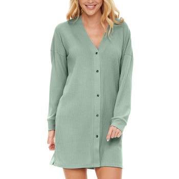 Women's Soft Ribbed Waffle Rib Knit Night Shirt, Long Sleeve Oversized Sweater Top Sleep Shirt
