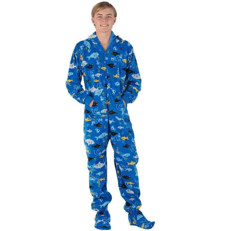 Footed Pajamas - Family Matching - Shark Frenzy Hoodie Fleece Onesie For Boys, Girls, Men and Women | Unisex, 2 of 5
