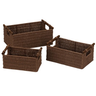 Decorative Woven Baskets Set of 3, Paper Rope with Wood Handles and Metal Frame, Small, Medium and Large