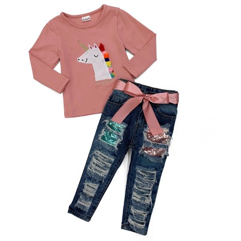 Girls Rainbow Unicorn Sequin Patched Jeans Set Mia Belle Girls, Pink, 10