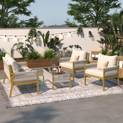 4-Piece Boho Woven Rope Patio Furniture Set,Metal Frame Backyard Seating Set,Cushion Outdoor Patio Conversation Set with Glass Table-Coolbibila