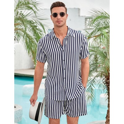 Men's 2 Piece Sets Summer Beach Striped Outfits Casual Short Sleeve T-Shirt and Shorts
