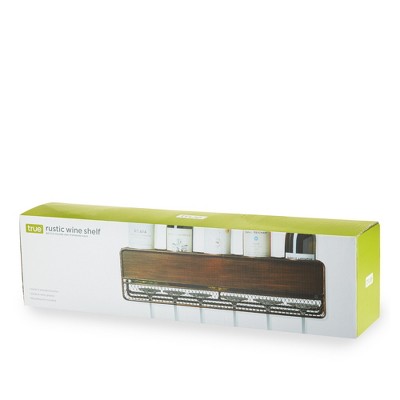 Brown Wood and Iron Wall Mounted Wine Shelf with Stemware Rack