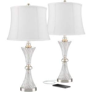 Regency Hill Luca Modern Table Lamps 25 1/2" High Set of 2 Clear Glass Chrome with USB Charging Port Cream Drum Shade for Bedroom Living Room Desk - 1 of 4