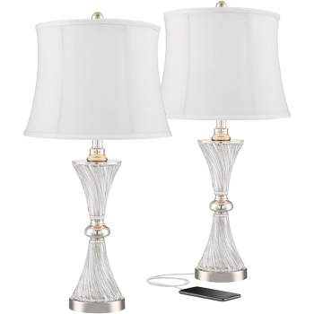 Regency Hill Luca Modern Table Lamps 25 1/2" High Set of 2 Clear Glass Chrome with USB Charging Port Cream Drum Shade for Bedroom Living Room Desk