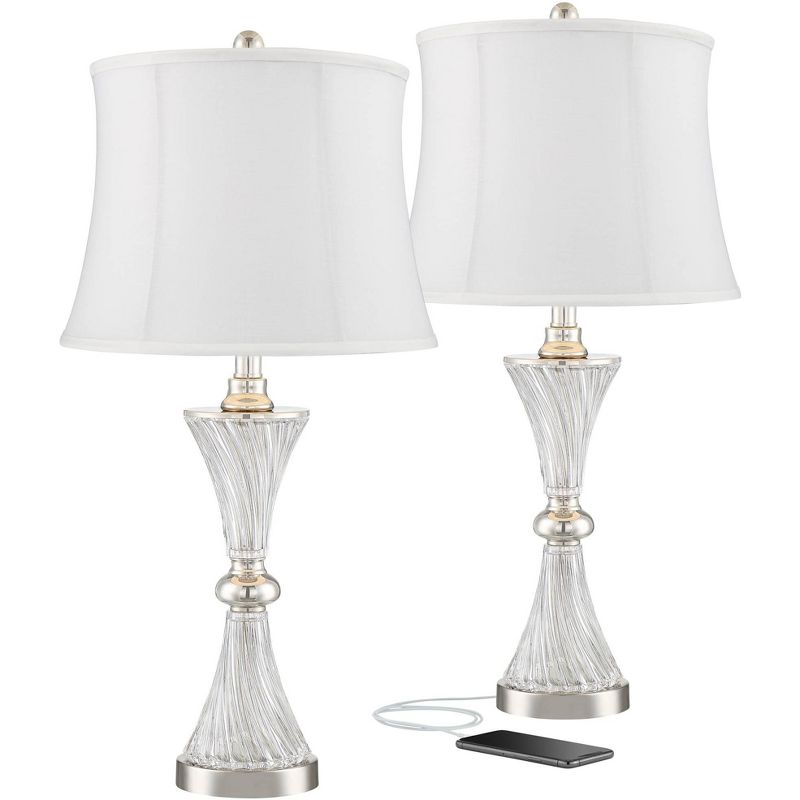 Regency Hill Luca Modern Table Lamps 25 1/2" High Set of 2 Clear Glass Chrome with USB Charging Port Cream Drum Shade for Bedroom Living Room Desk, 1 of 8